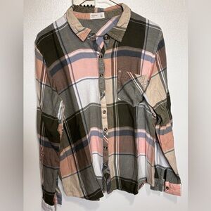 Maurices Olive Plaid Relaxed Button-Up with Pink and Blue Stripes